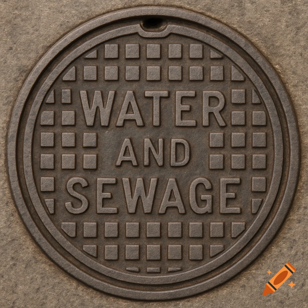 Close-up of a circular metal cover embedded in concrete with the text 'WATER AND SEWAGE' and a grid pattern.