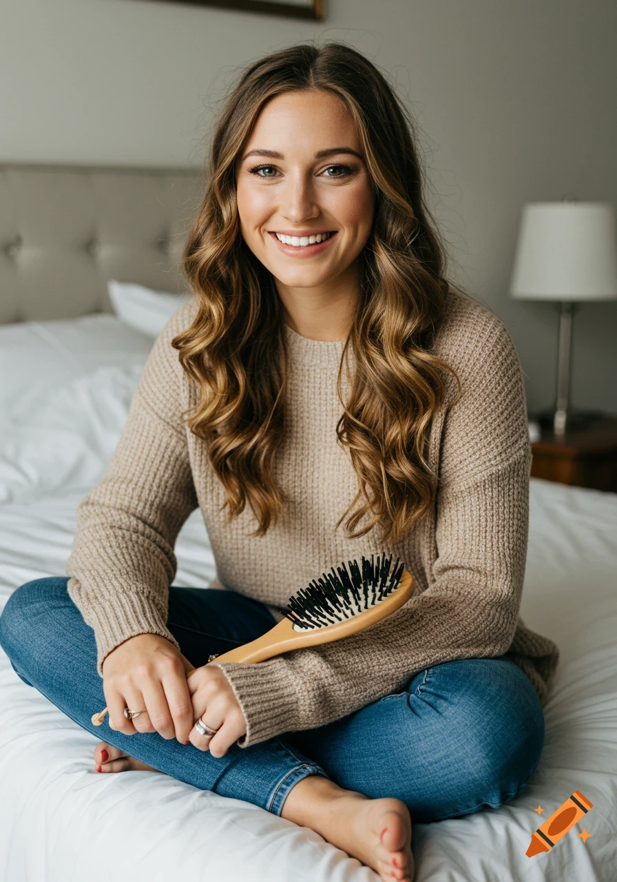 Smiling woman with wavy hair sits on a bed holding a hairbrush.
