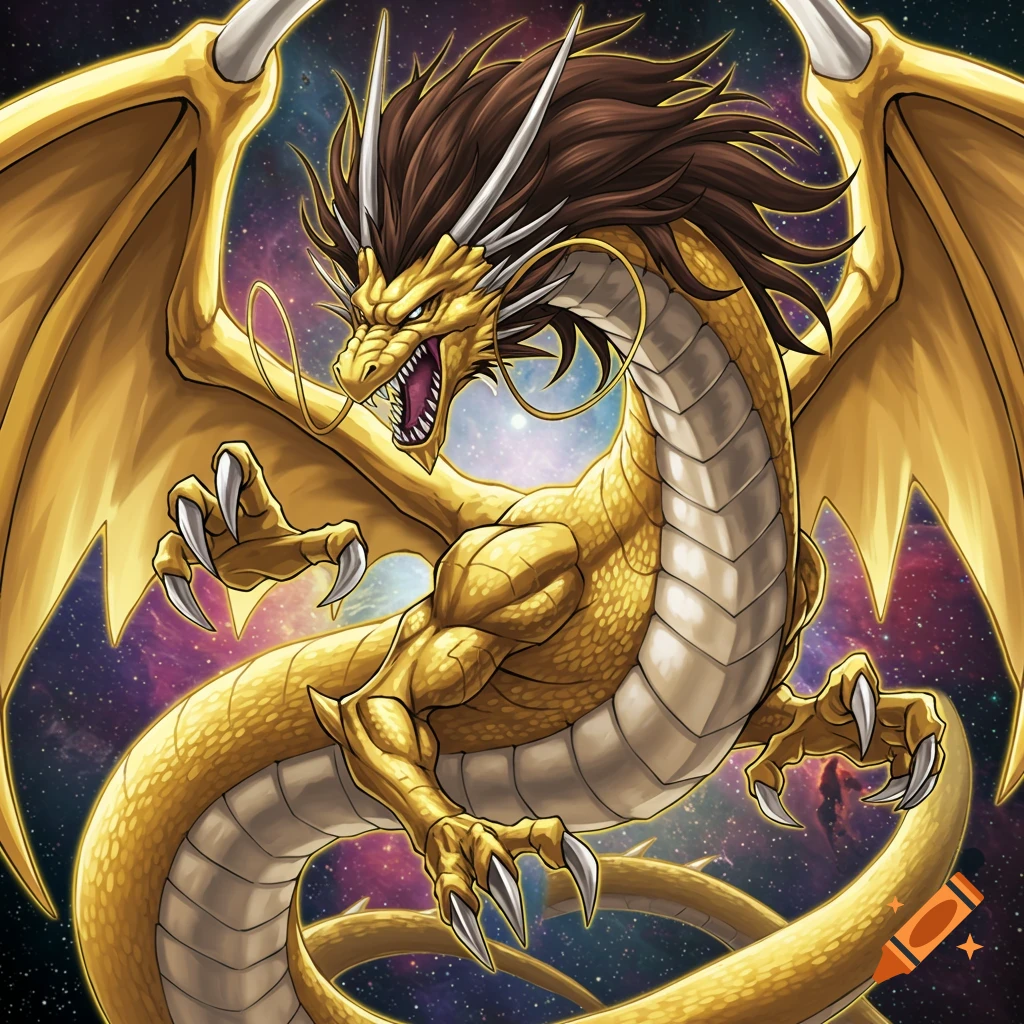 A golden dragon with dark brown hair flies through space in a Yugioh art style.