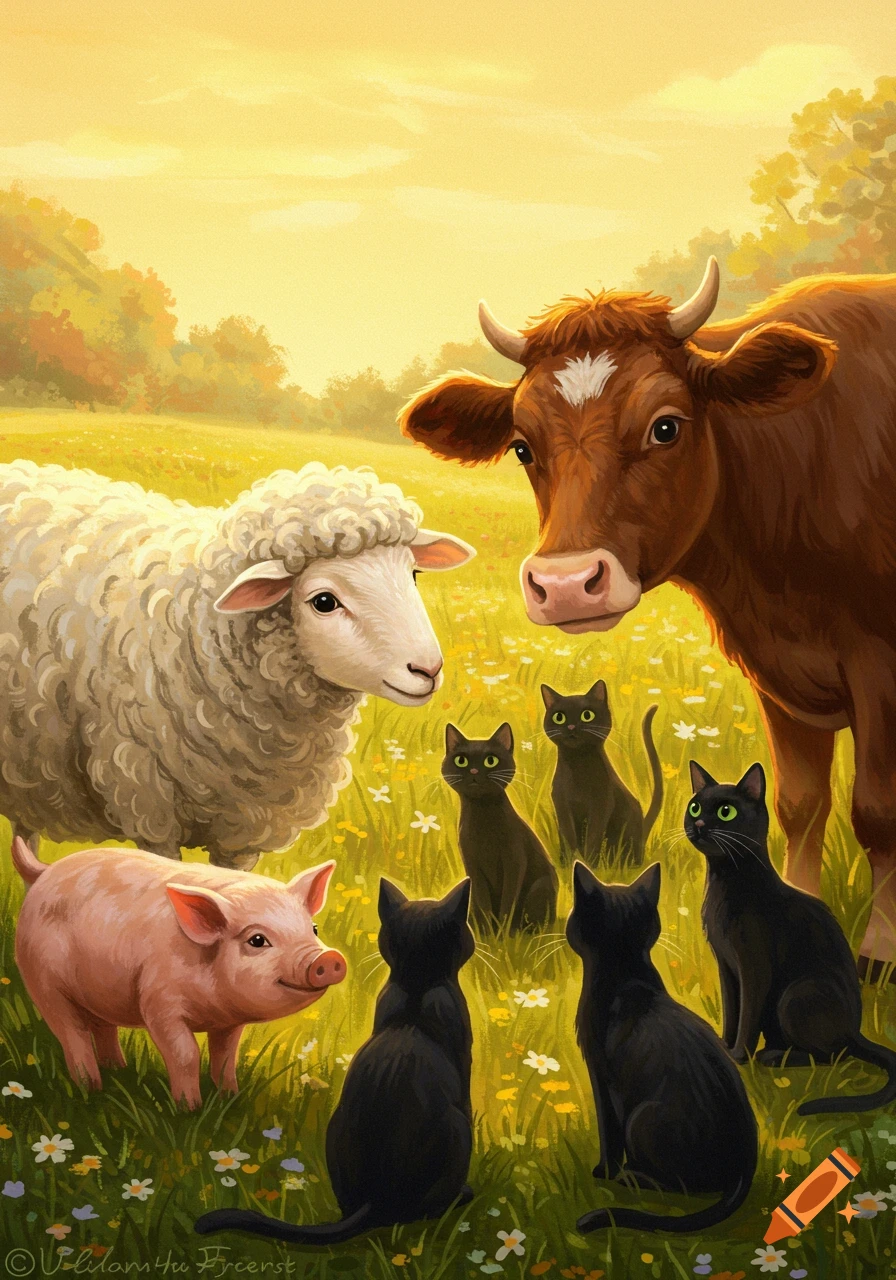 A cow, sheep, and pig are looking at several black cats in a sunny field.