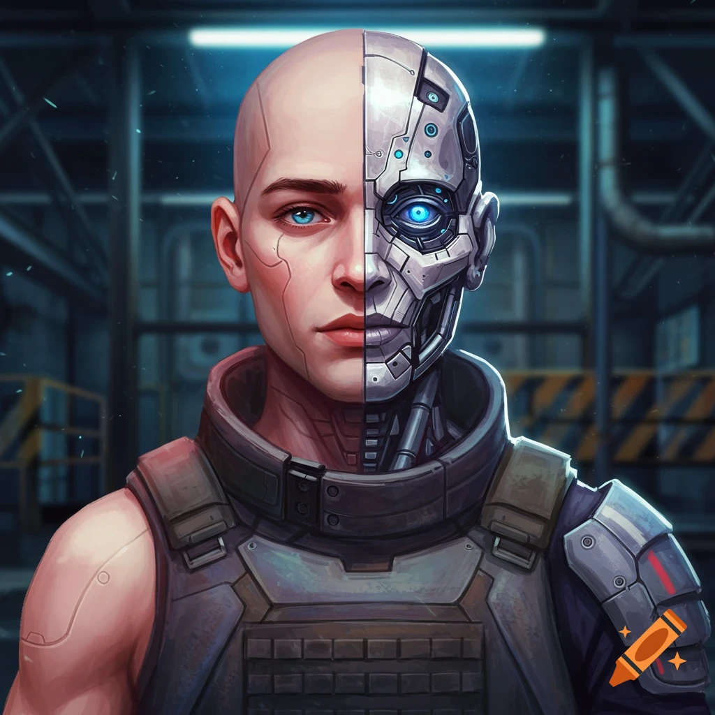 A human-cyborg hybrid portrait with split face.
