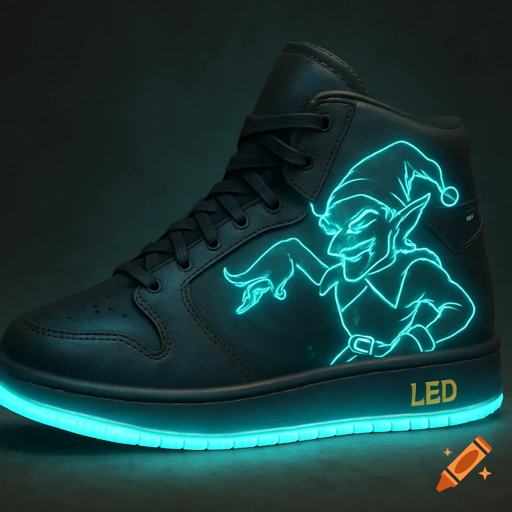 A dark sneaker with a glowing blue outline of an elf character and a glowing blue sole. Golden text 'LED' is on the sole.