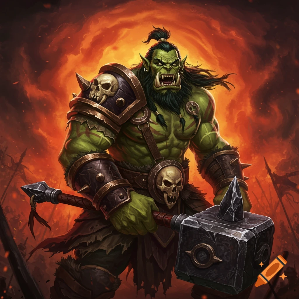A muscular green orc warrior holds a large hammer against a fiery red and orange background.