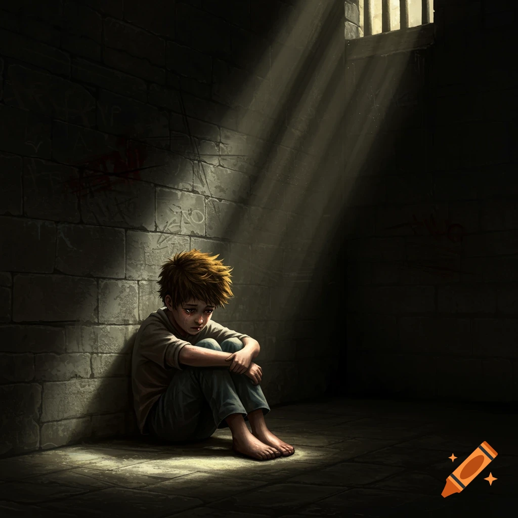 A sad young boy sits on the floor in a dimly lit jail cell, sunlight streaming from a barred window.