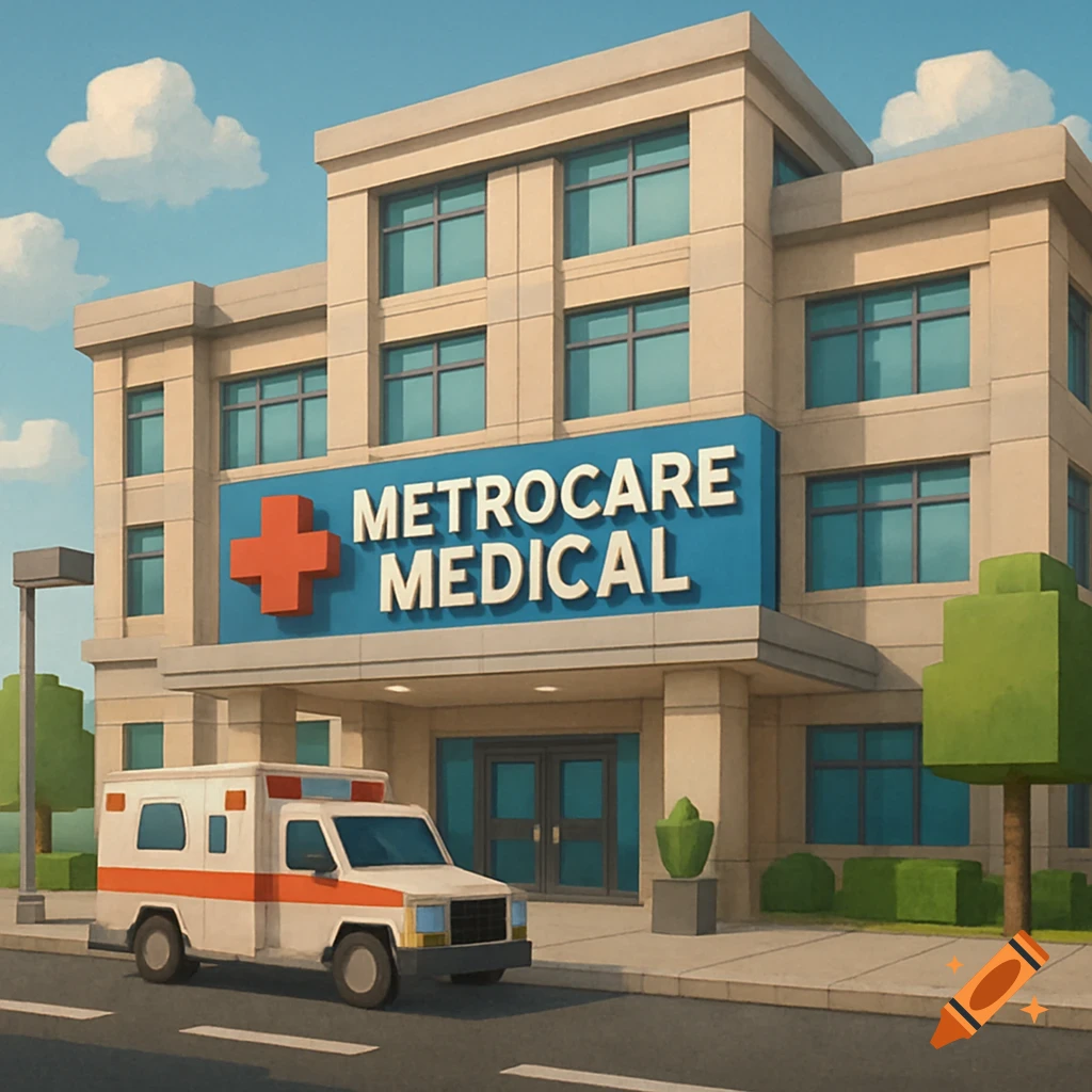 A hospital called MetroCare Medical with an ambulance in front.