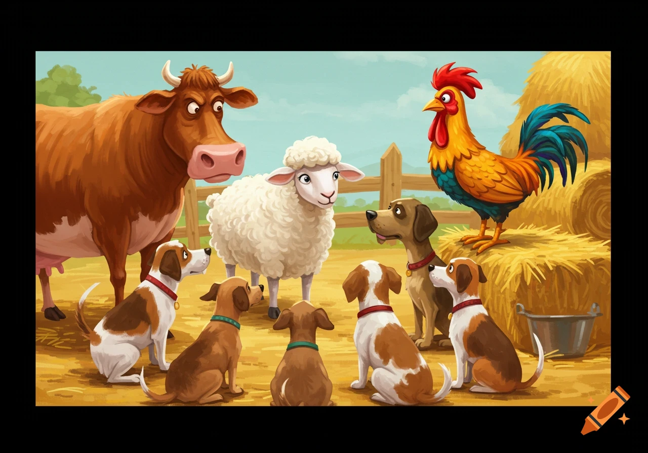 Farm animals and dogs on a farm