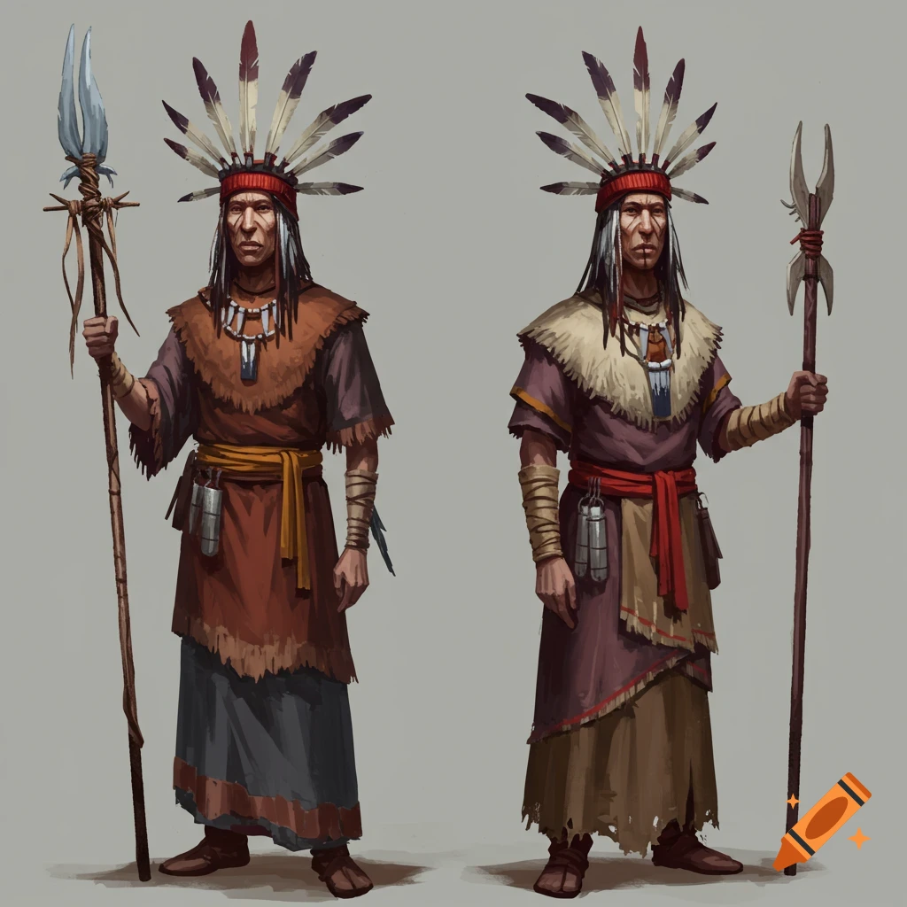 Two figures in tribal clothing and headdresses, holding spears.