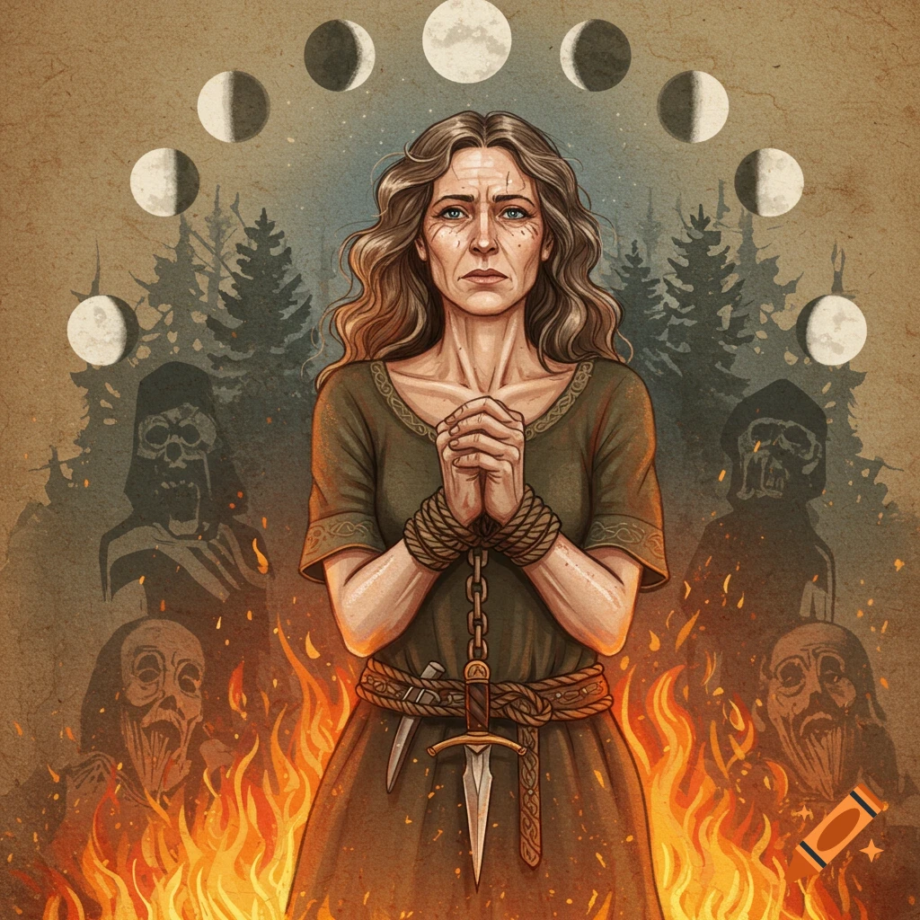 Illustration of a woman tied with rope and chain, standing in flames with spectral figures behind her, under phases of the moon and a forest.