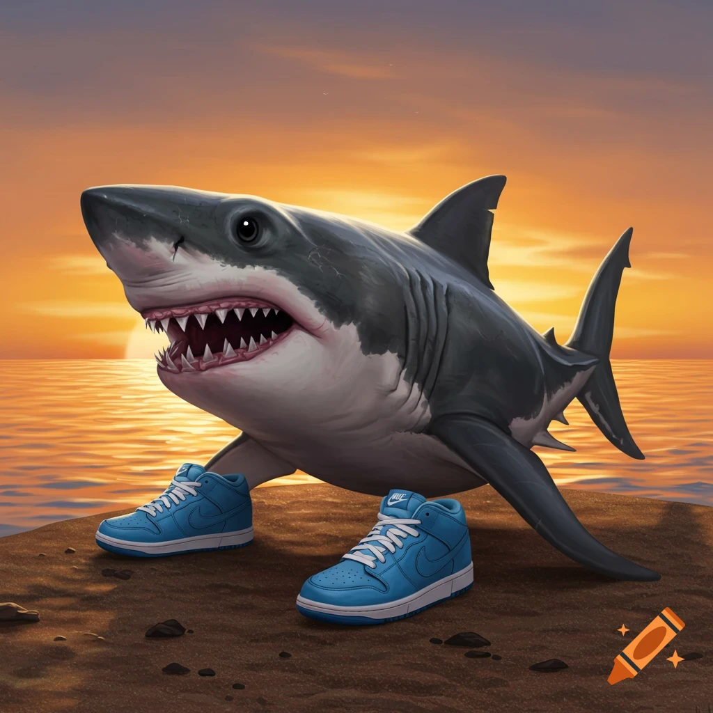 A photorealistic painting of a shark wearing blue Nike shoes standing on a beach at sunset.