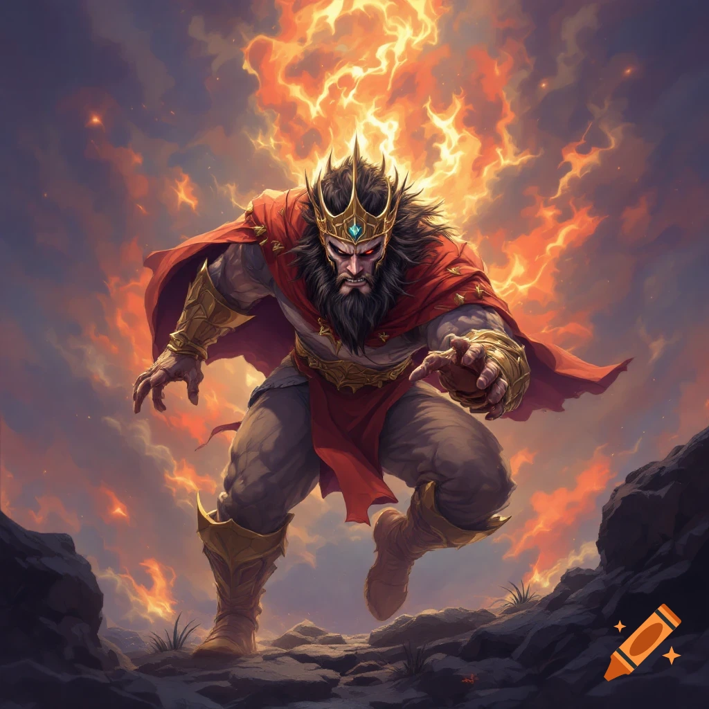 Fantasy king with beard and crown in red cape, against fiery clouds.