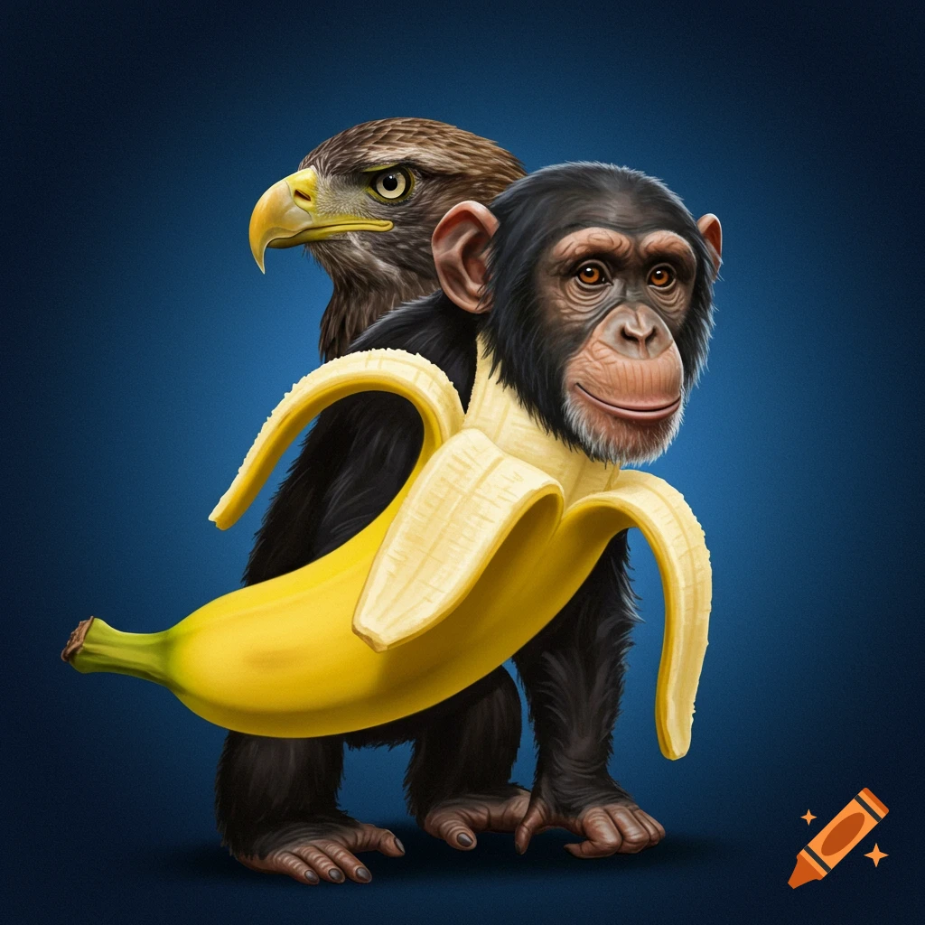 A chimpanzee with an eagle head fused to its back, peeling open a giant banana around its front.