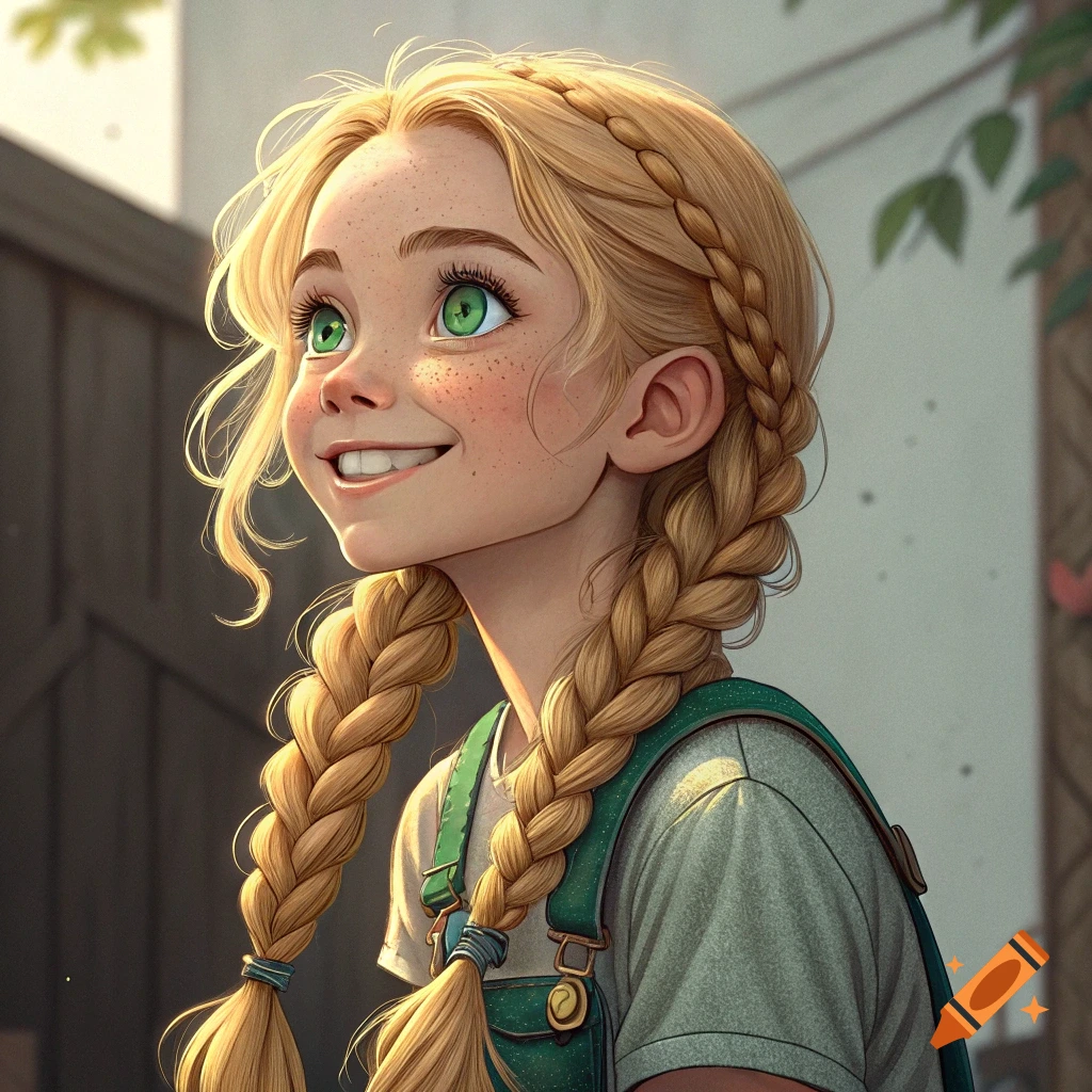 Illustrative portrait of a smiling young girl with blonde braids and green eyes.