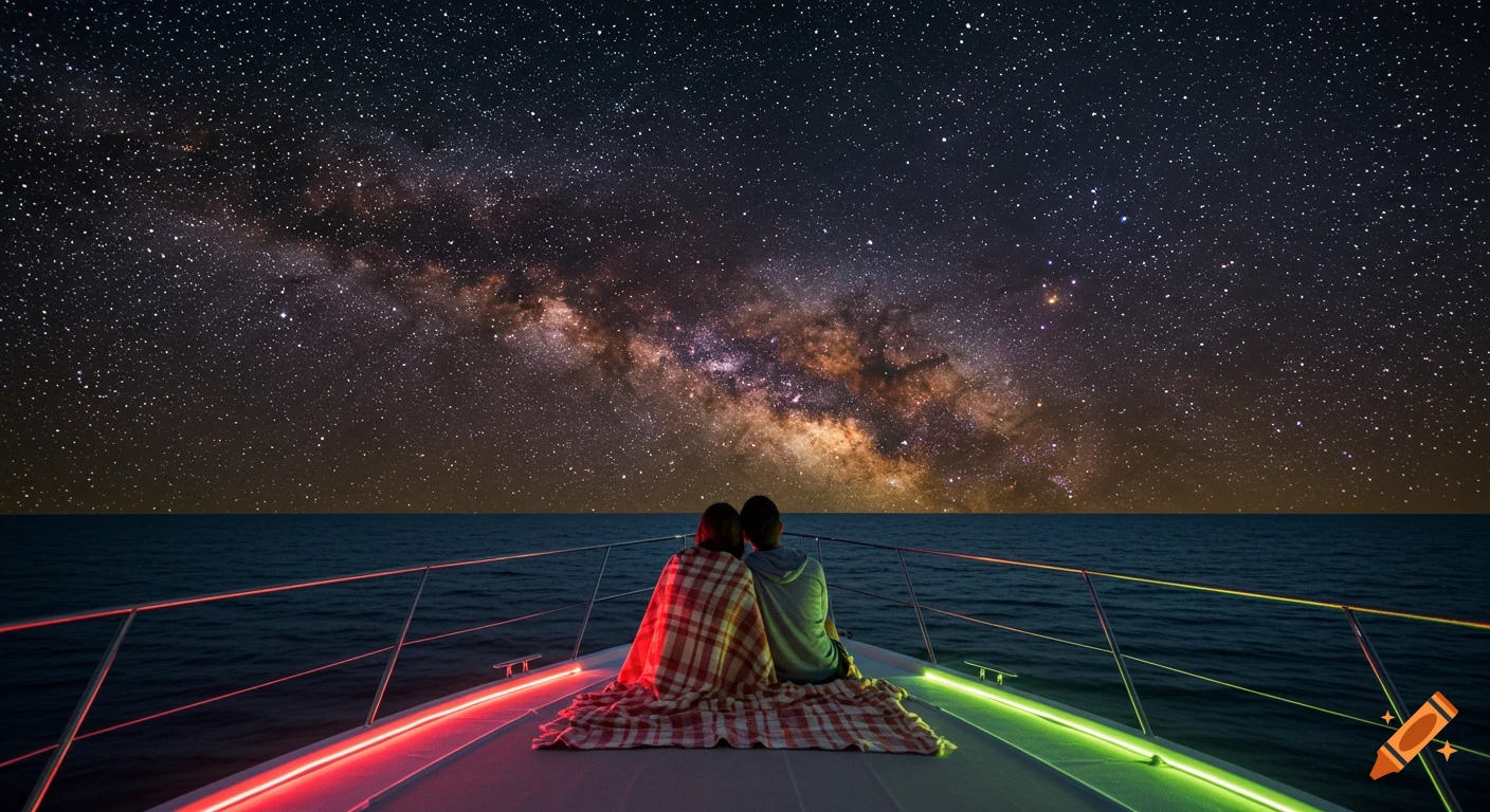 A couple sits on the front of a yacht at night, looking up at a starry sky showing the Milky Way.