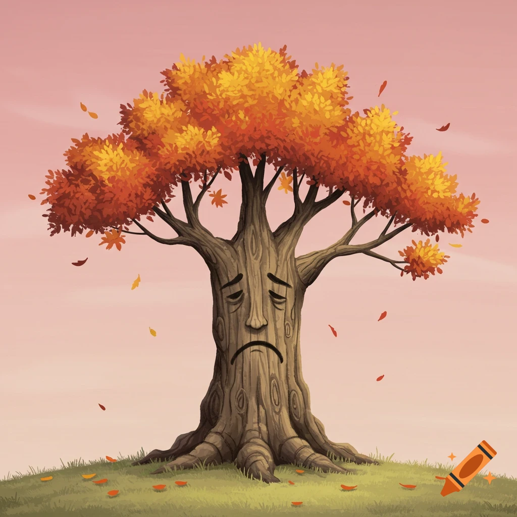 A sad tree is losing its orange and yellow leaves in autumn.