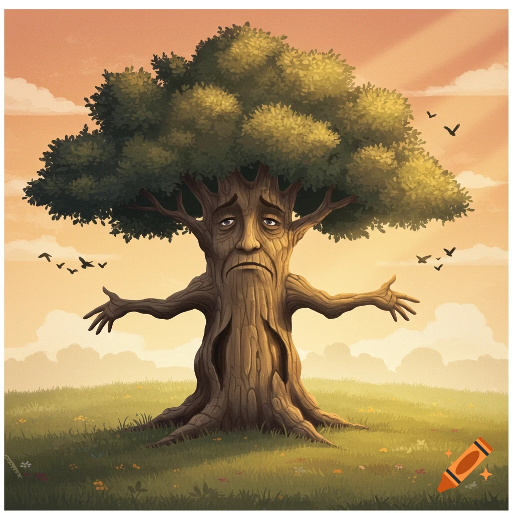 A sad tree with a face and outstretched branches stands in a grassy field at sunset with birds flying nearby.