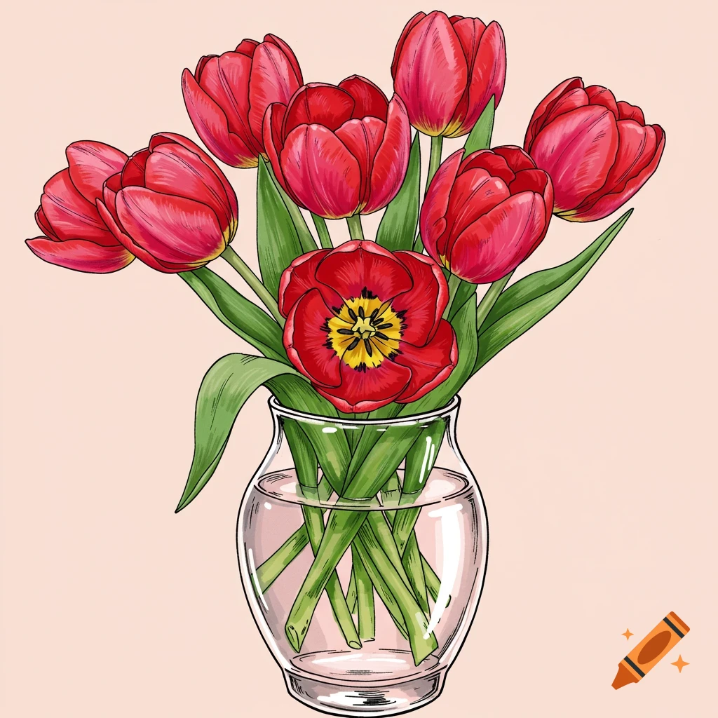 Illustration of red tulips in a clear glass vase.