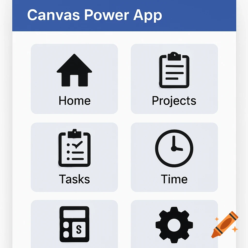 A screenshot of a Canvas Power App user interface with six icons and labels: Home, Projects, Tasks, Time, Budget, and Settings.