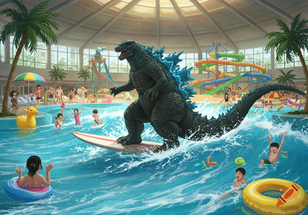Godzilla surfing a wave in a crowded indoor water park.