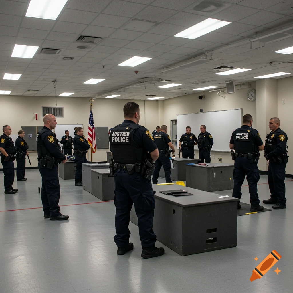 Police officers attend training in a classroom setting.
