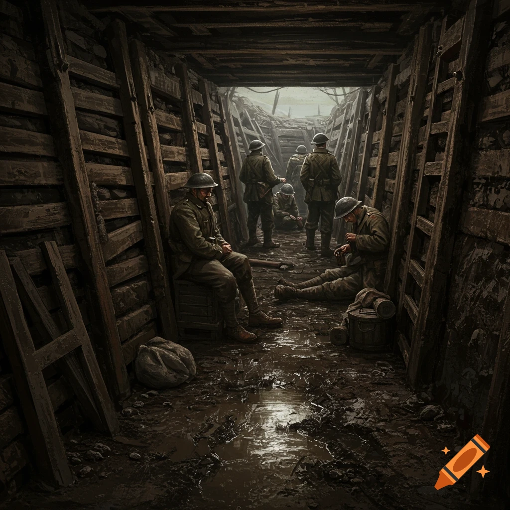 Soldiers are resting in a muddy WWI trench.