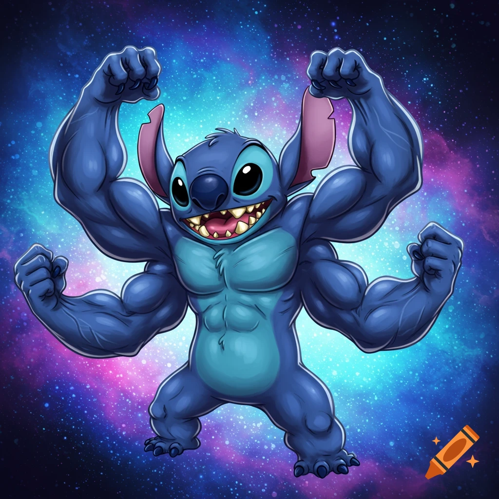 Stitch with six muscular arms flexing against a starry galaxy background.