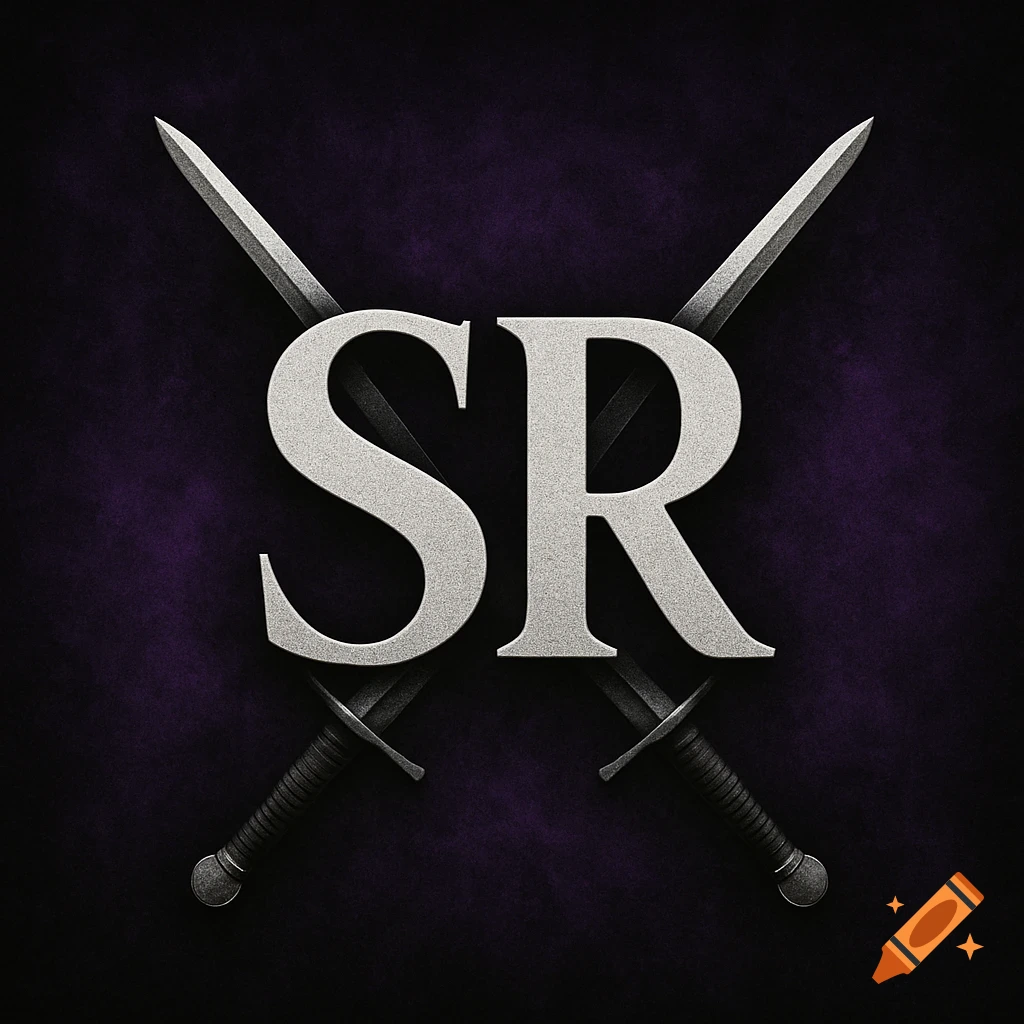 Logo with silver letters SR crossed by two swords on a purple and black background