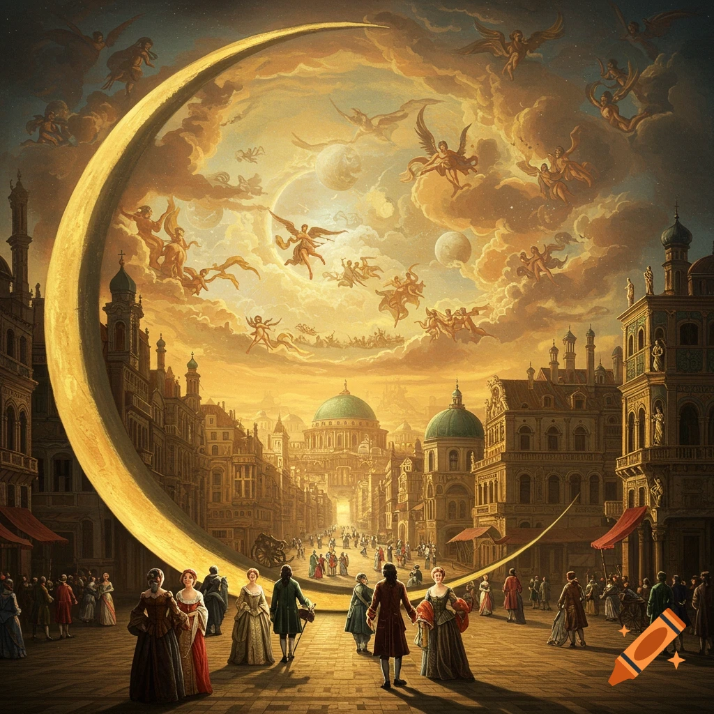 Baroque city street scene with people, a large golden crescent in the sky filled with flying angels and planets.