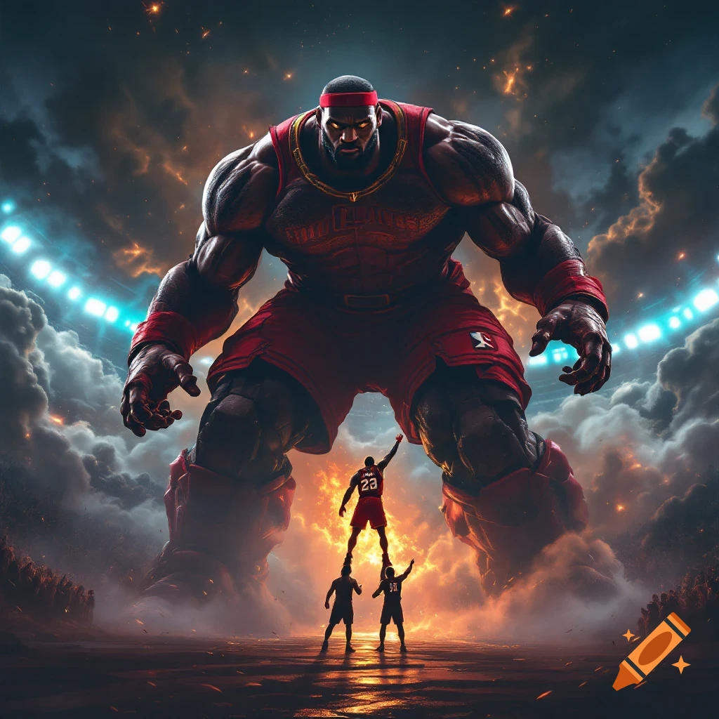 A massive, giant Lebron James figure stands over three smaller figures, one of whom is wearing a jersey with '23', on a basketball court with stadium lights and dramatic clouds.