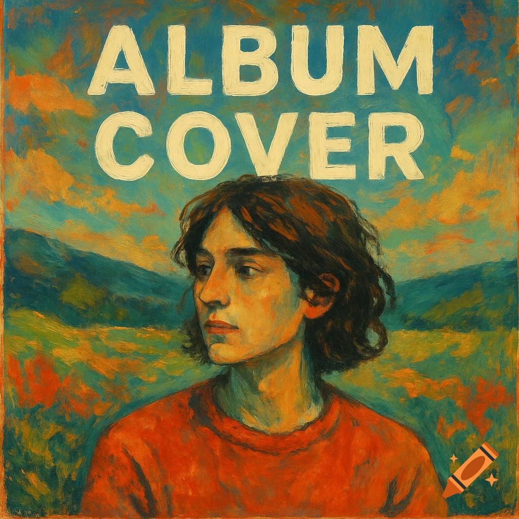 Album cover with a person's portrait, landscape background, and 'ALBUM COVER' text.