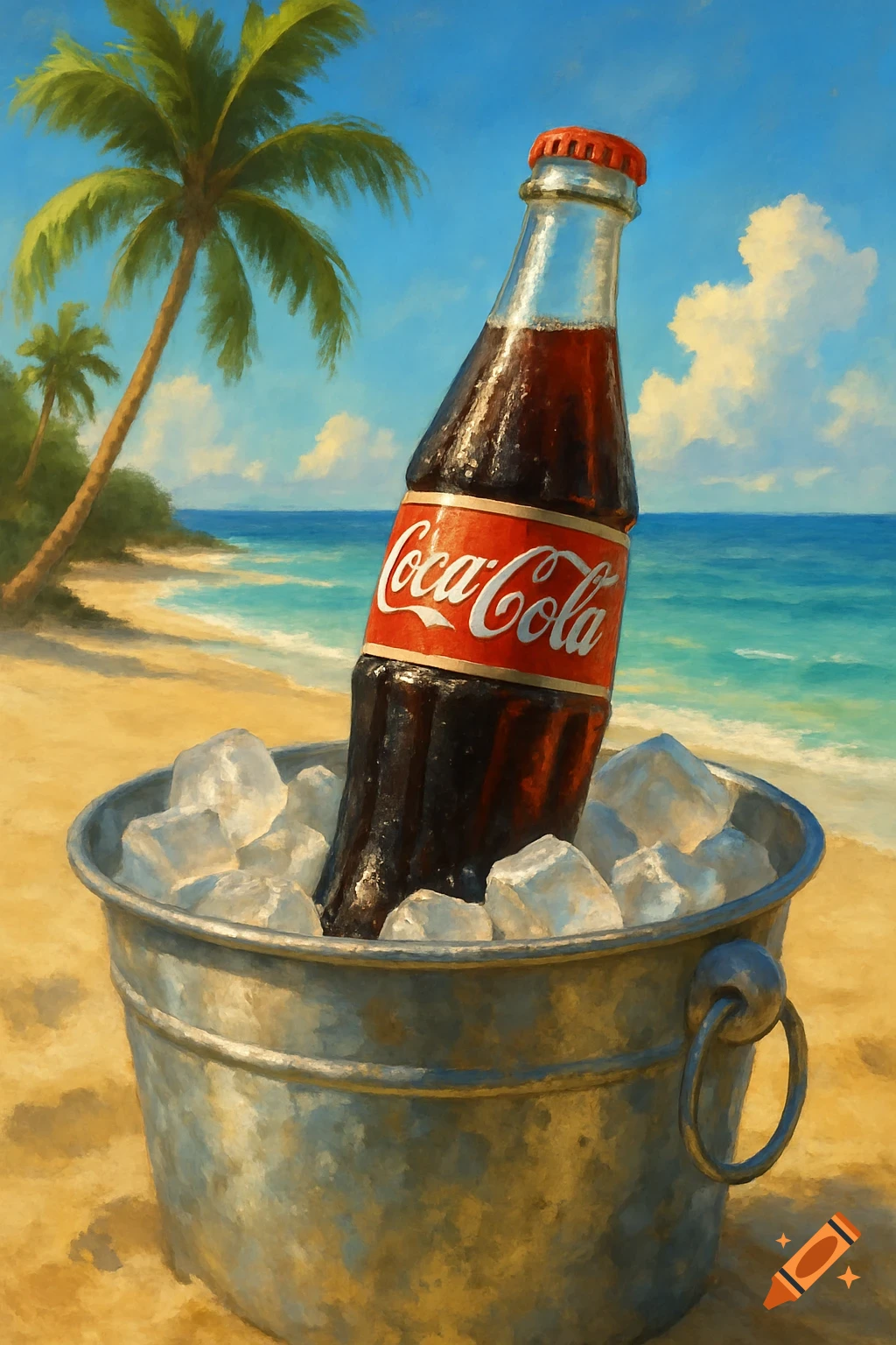 A bottle of Coca-Cola in an ice bucket on a tropical beach.