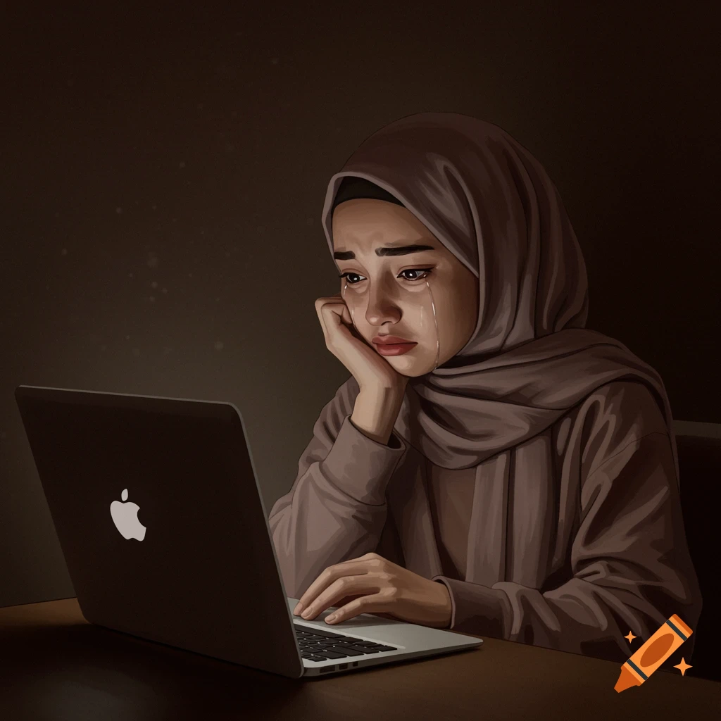 A teenage girl in a hijab is crying while looking at a laptop.