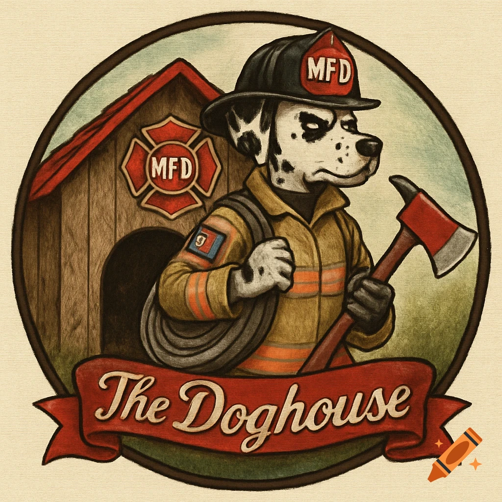 Illustration of a dalmatian firefighter holding an axe next to a doghouse with text 'The Doghouse'