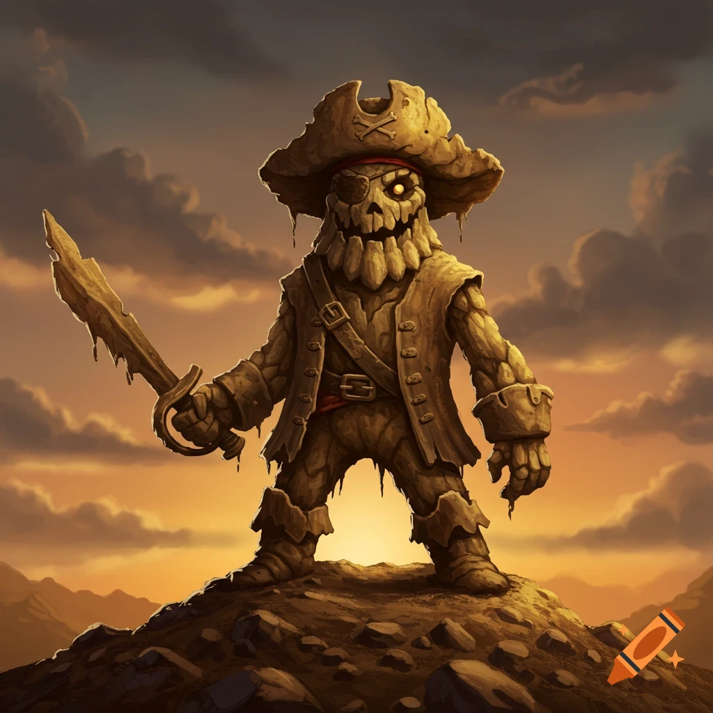 A dirt pirate monster stands on a rocky hill at sunset, holding a sword.