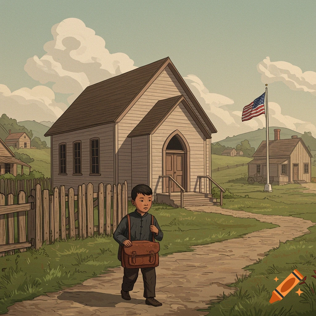 Vintage illustration of a boy walking to a rural schoolhouse with an American flag.