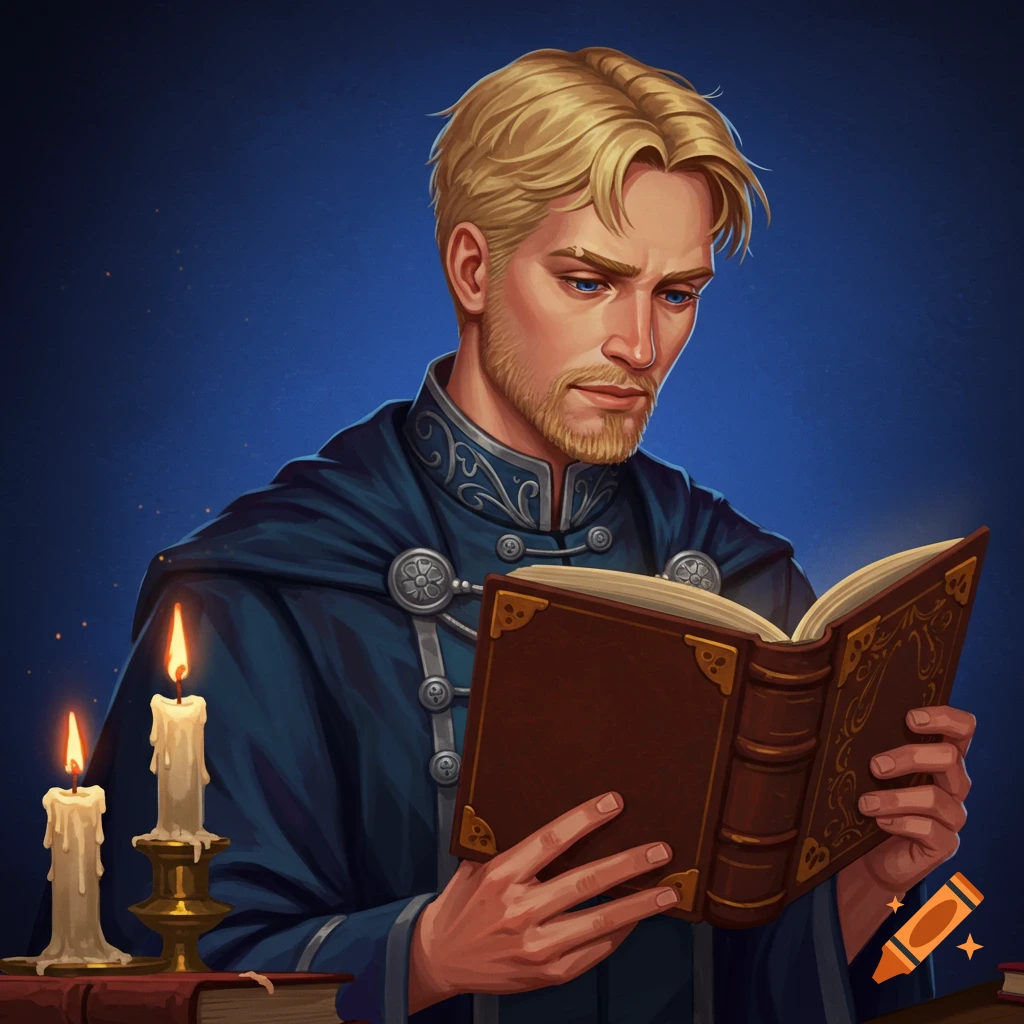 A blonde wizard with stubble is reading a book by candlelight.