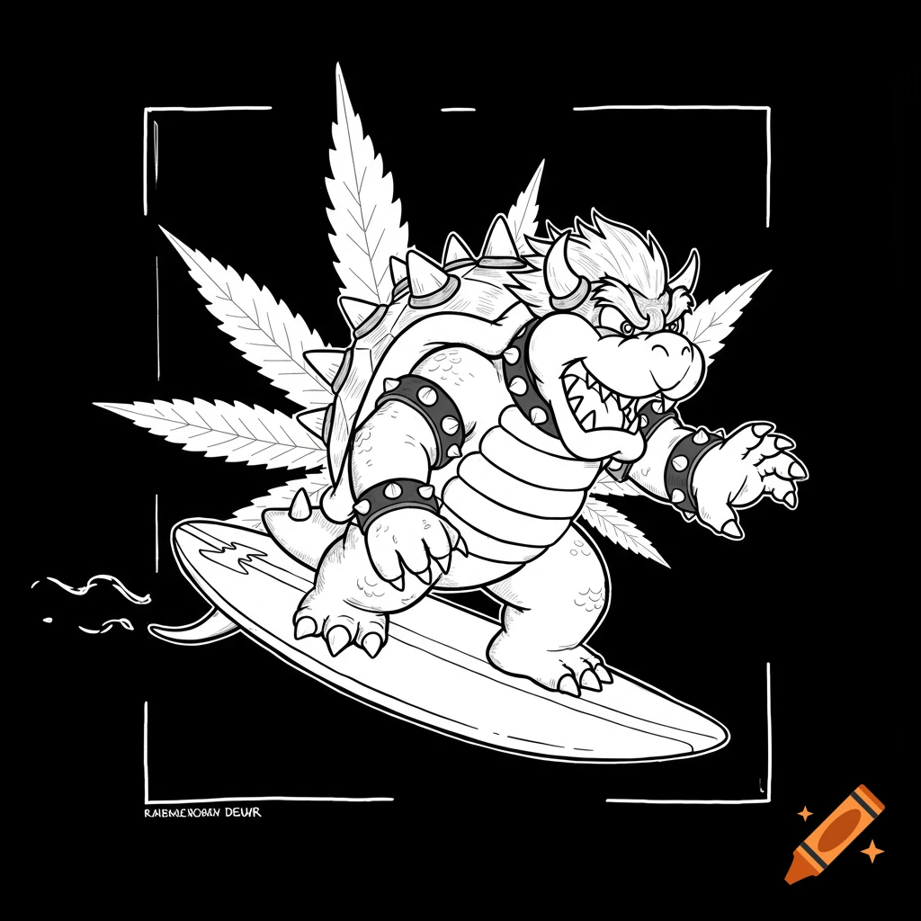 Black and white line art of Bowser surfing with cannabis leaves behind him.