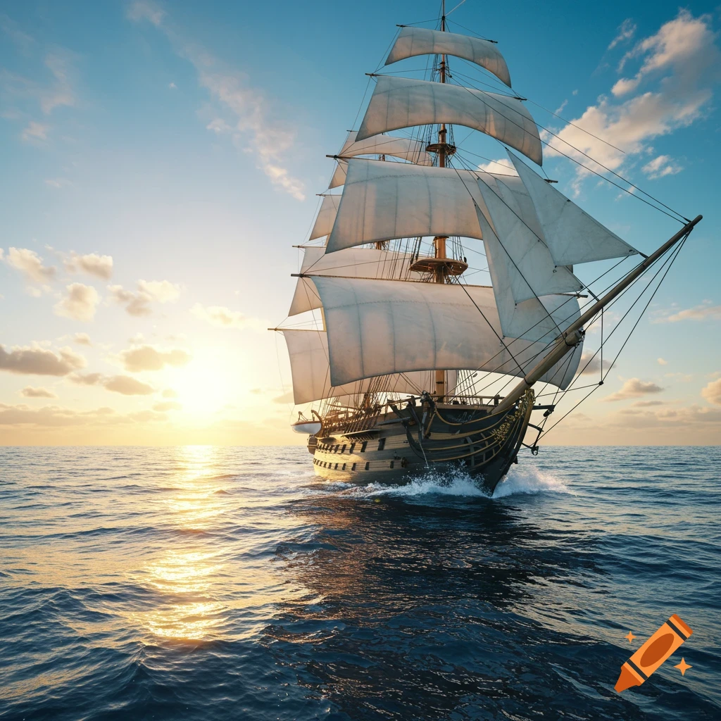 A large sailing ship sails on the ocean at sunset.