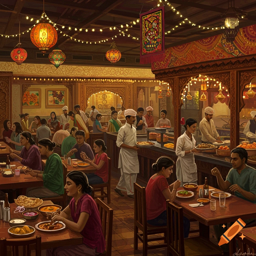 A busy Indian restaurant scene with people dining and serving.