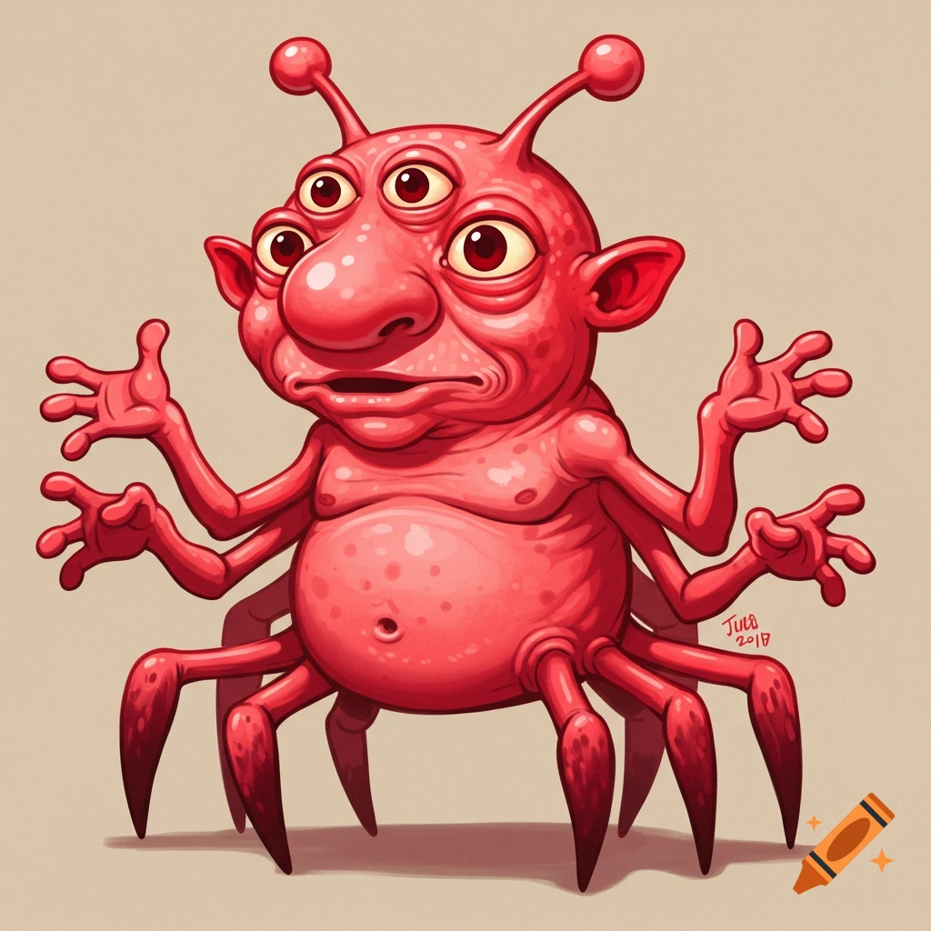 A cartoon illustration of a pink alien creature with four eyes, a big nose, and multiple arms and legs.