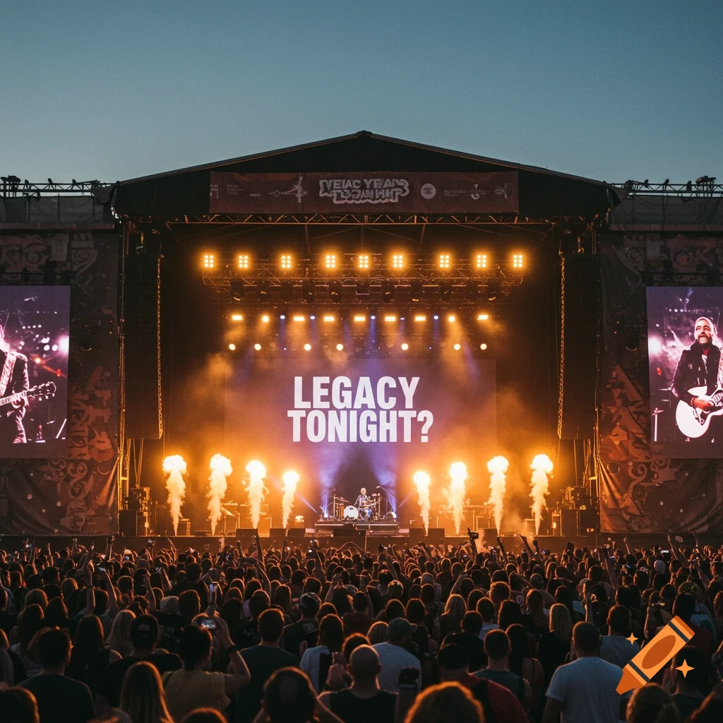 A large crowd watches a band perform on a stage with a screen showing 'LEGACY TONIGHT?'