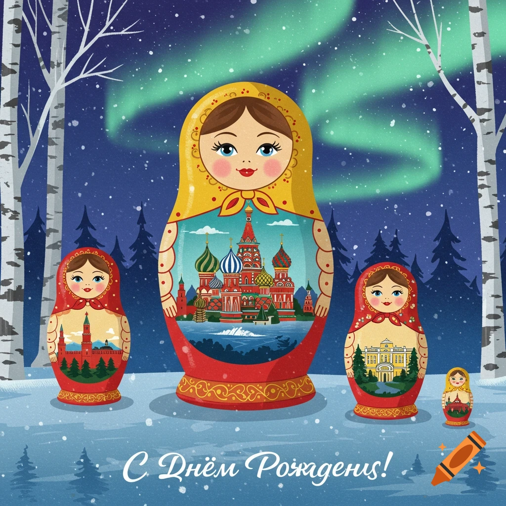 Illustration of matryoshka dolls in a winter birch forest with aurora borealis and Russian landmarks inside the dolls. Cyrillic text reads 'Happy Birthday!'