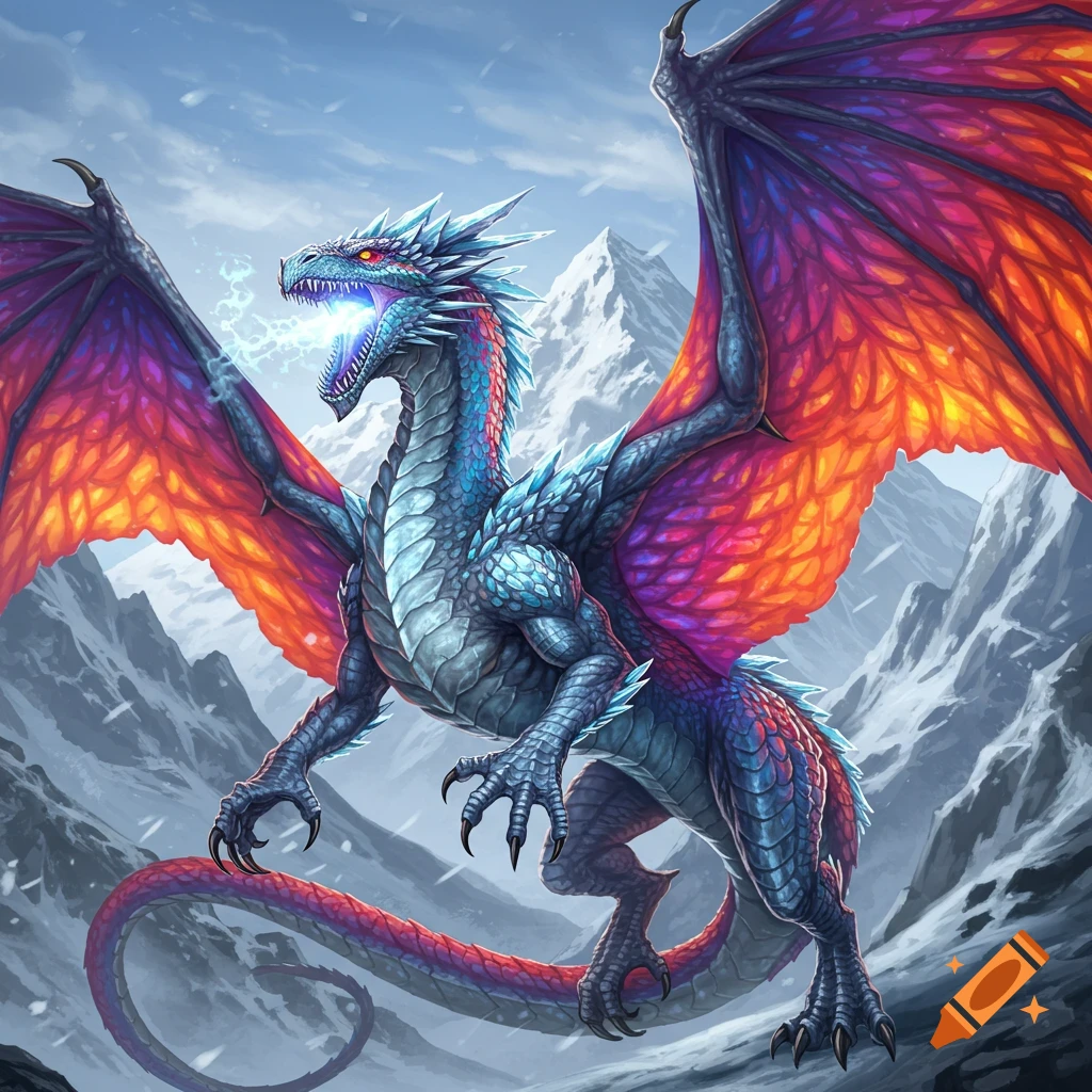 A colorful scaled dragon with expansive wings breathes ice in a snowy mountain landscape.