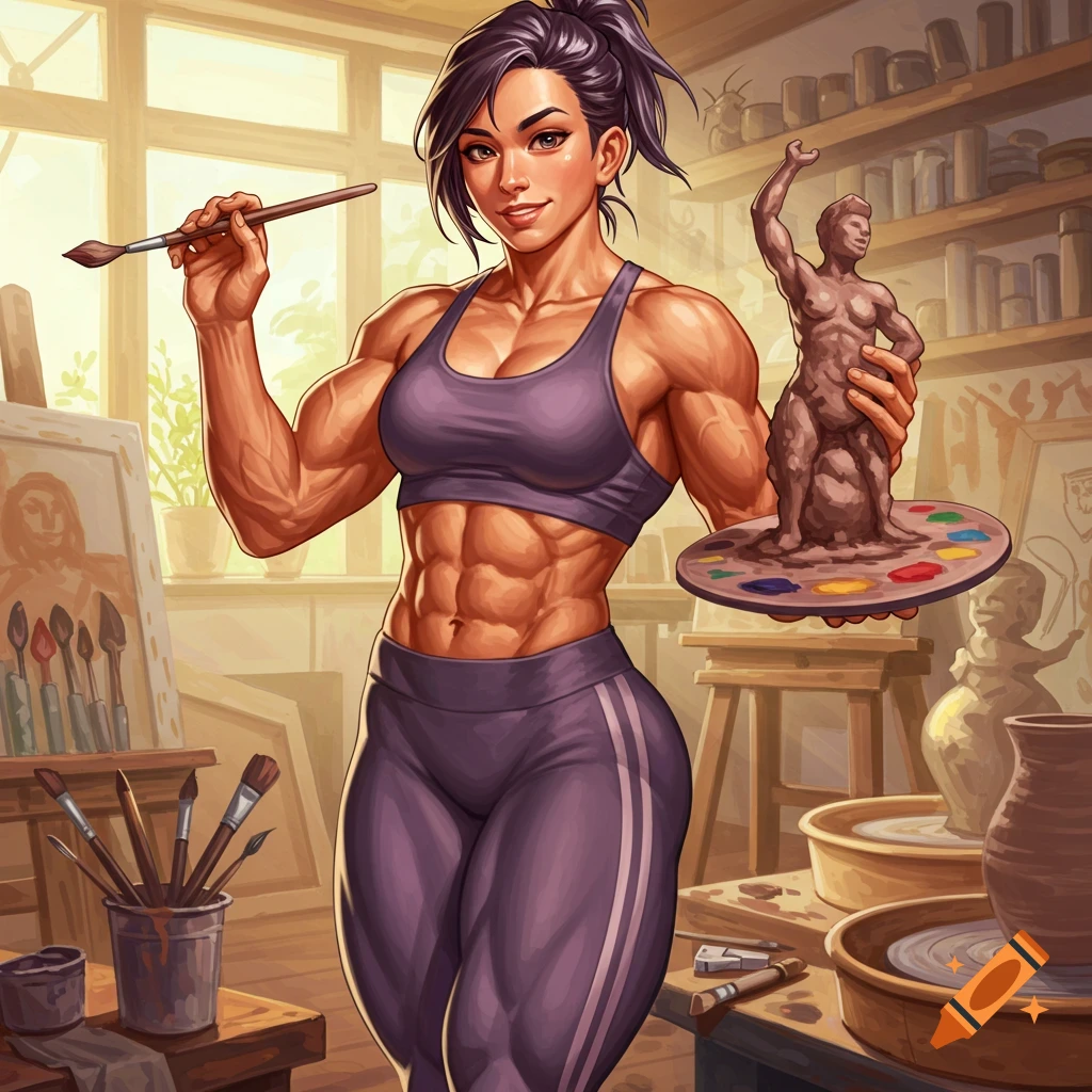 A muscular woman artist holds a paintbrush and a sculpture in a sunlit art studio.