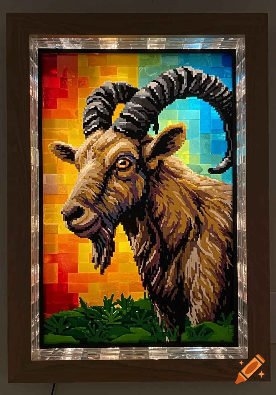 A goat mosaic made of colorful Lego bricks in a framed stained glass style.
