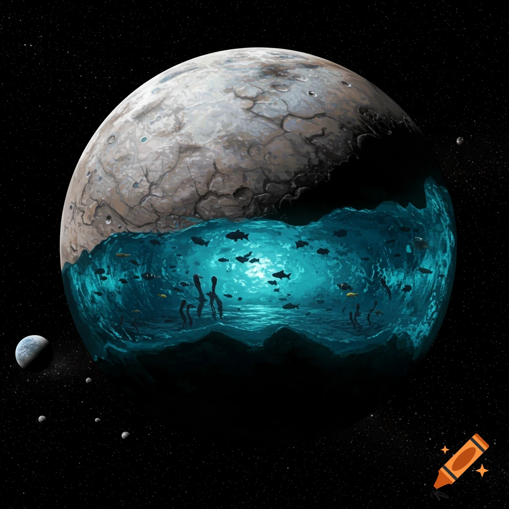 A planet cut in half, revealing an internal ocean teeming with fish, floats in the vast expanse of space under a starry sky.