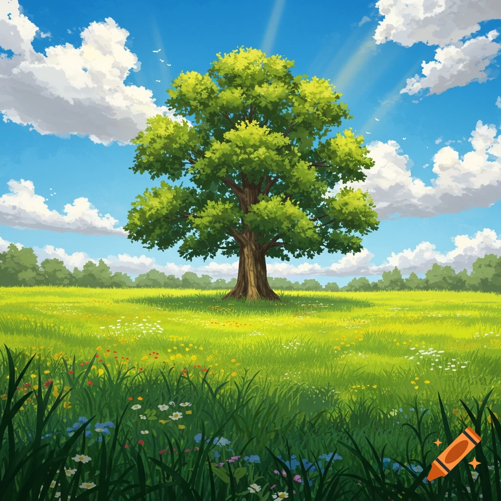 A large tree stands in a bright green field under a blue sky with white clouds.