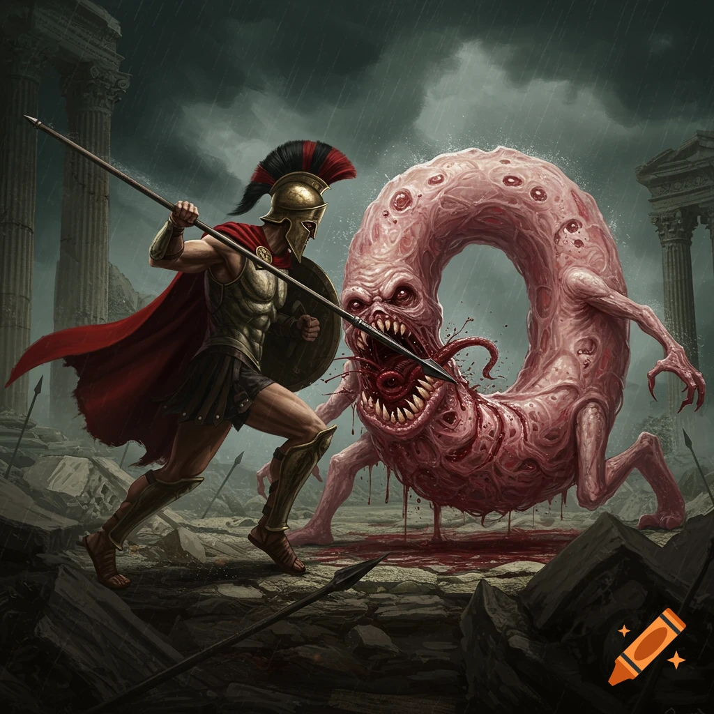 A Spartan warrior fights a pink, fleshy, donut-shaped monster in ruins.