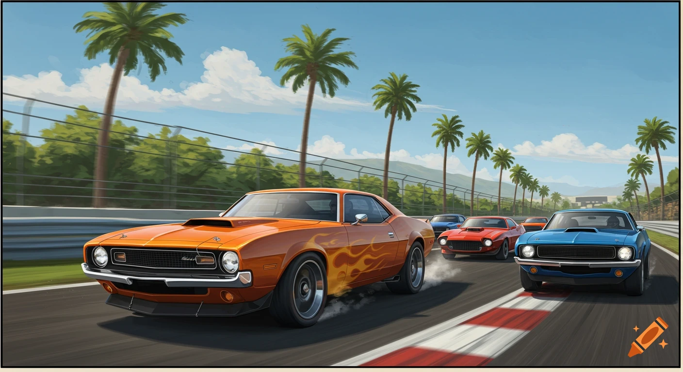 Several muscle cars racing on a track lined with palm trees.