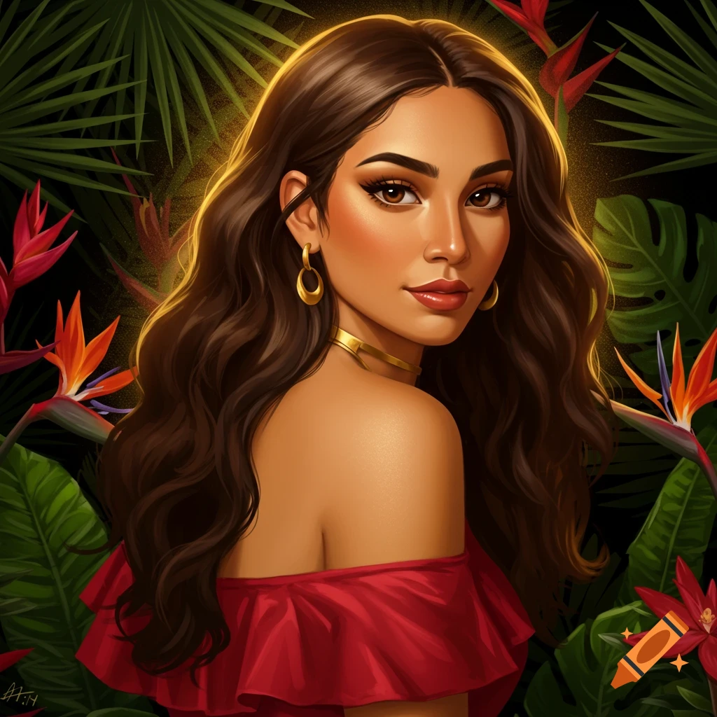 A woman with long brown hair in a red dress, surrounded by tropical plants.