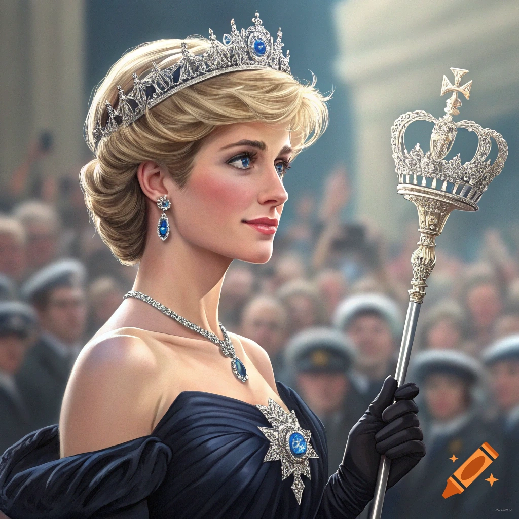 A woman with blonde hair wearing a crown, blue dress, and holding a scepter stands before a crowd.